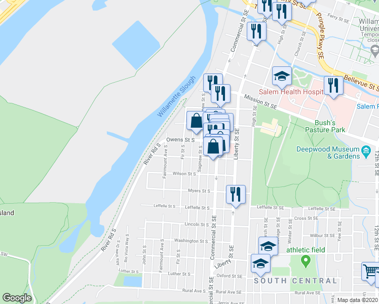 map of restaurants, bars, coffee shops, grocery stores, and more near 251-265 Miller Street South in Salem