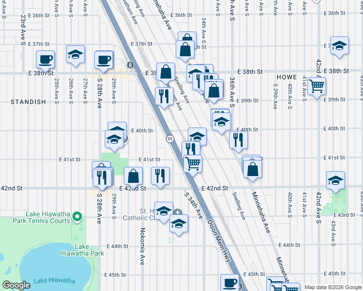 map of restaurants, bars, coffee shops, grocery stores, and more near 4041 Hiawatha Avenue in Minneapolis