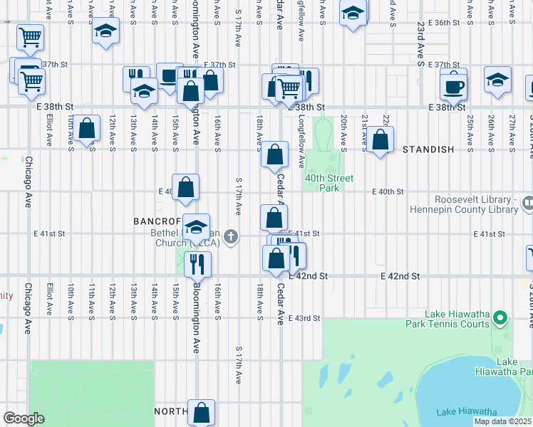 map of restaurants, bars, coffee shops, grocery stores, and more near 4032 Cedar Avenue South in Minneapolis
