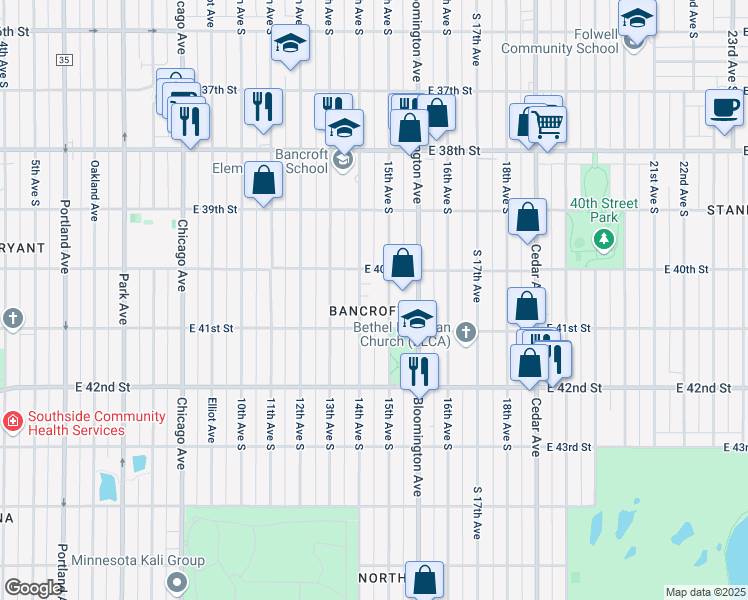 map of restaurants, bars, coffee shops, grocery stores, and more near 4029a 14th Avenue South in Minneapolis