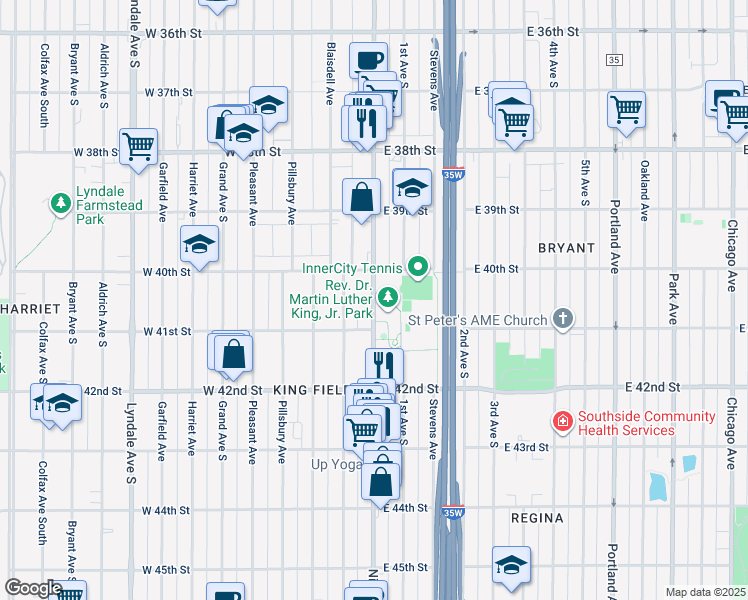 map of restaurants, bars, coffee shops, grocery stores, and more near Nicollet Avenue in Minneapolis