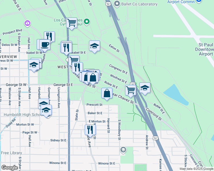 map of restaurants, bars, coffee shops, grocery stores, and more near 236 Robie Street East in Saint Paul