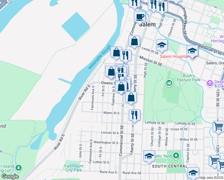 map of restaurants, bars, coffee shops, grocery stores, and more near 251-265 Miller Street South in Salem