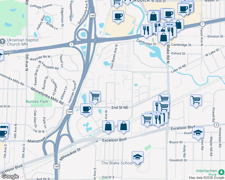 map of restaurants, bars, coffee shops, grocery stores, and more near 245 Van Buren Avenue North in Hopkins