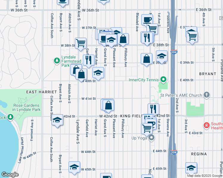map of restaurants, bars, coffee shops, grocery stores, and more near in Minneapolis