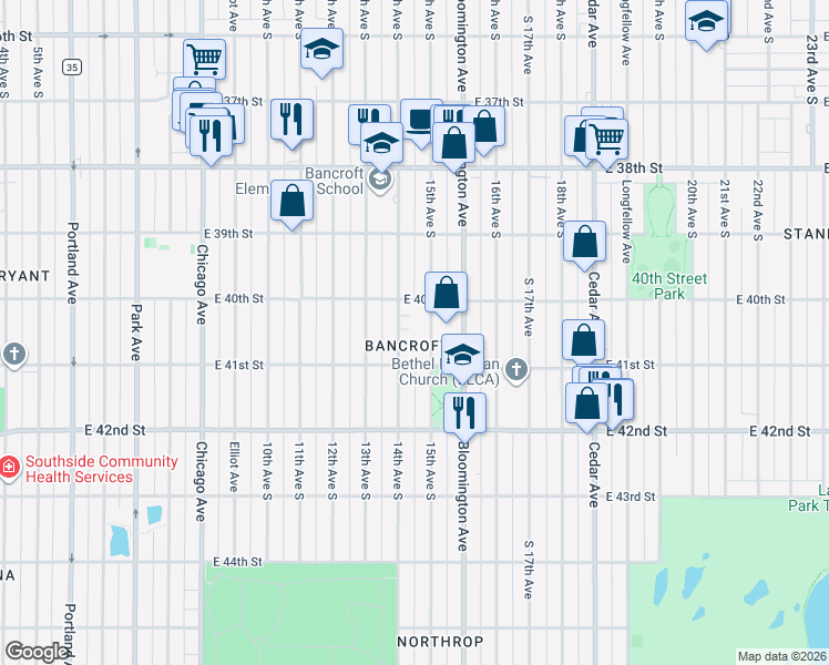 map of restaurants, bars, coffee shops, grocery stores, and more near in Minneapolis