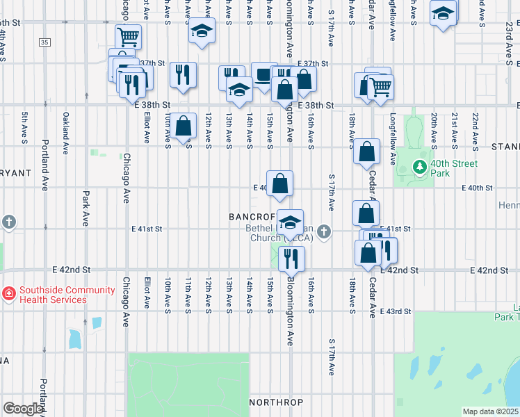 map of restaurants, bars, coffee shops, grocery stores, and more near in Minneapolis