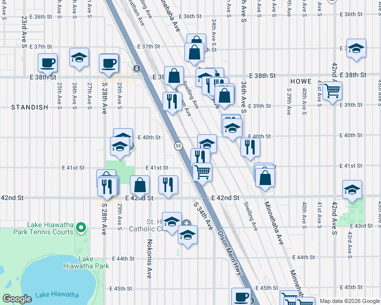 map of restaurants, bars, coffee shops, grocery stores, and more near 4041 Hiawatha Avenue in Minneapolis
