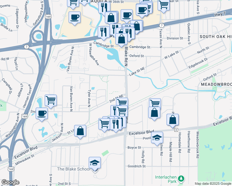 map of restaurants, bars, coffee shops, grocery stores, and more near 1111 2nd Street Northeast in Hopkins