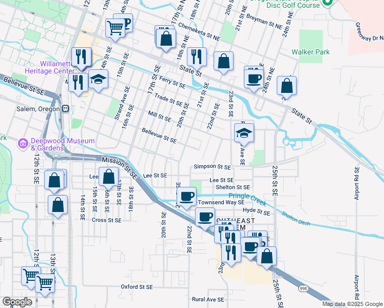 map of restaurants, bars, coffee shops, grocery stores, and more near 560 21st Street Southeast in Salem