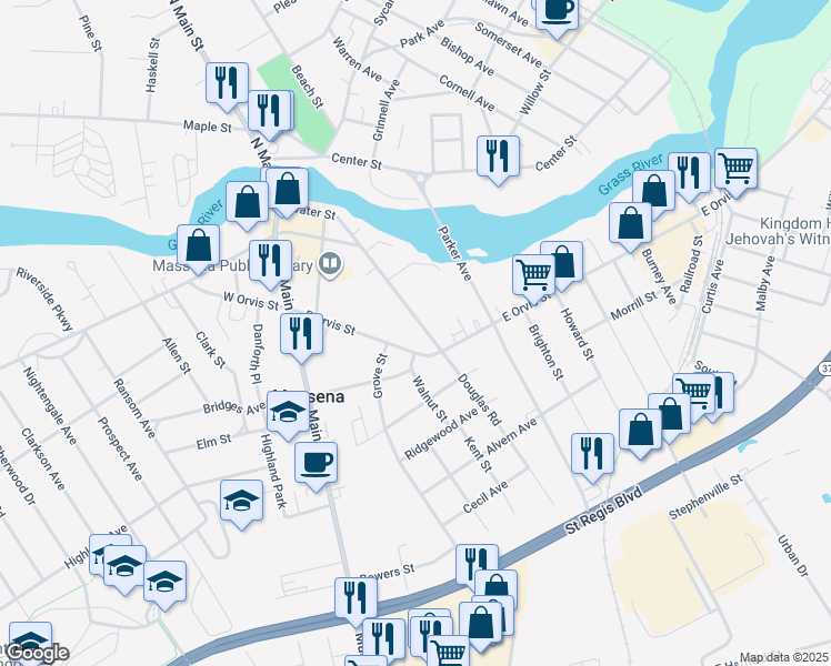 map of restaurants, bars, coffee shops, grocery stores, and more near 165 Water Street in Massena