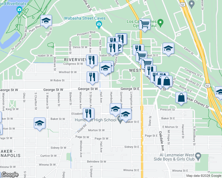 map of restaurants, bars, coffee shops, grocery stores, and more near 2 W George St in St Paul