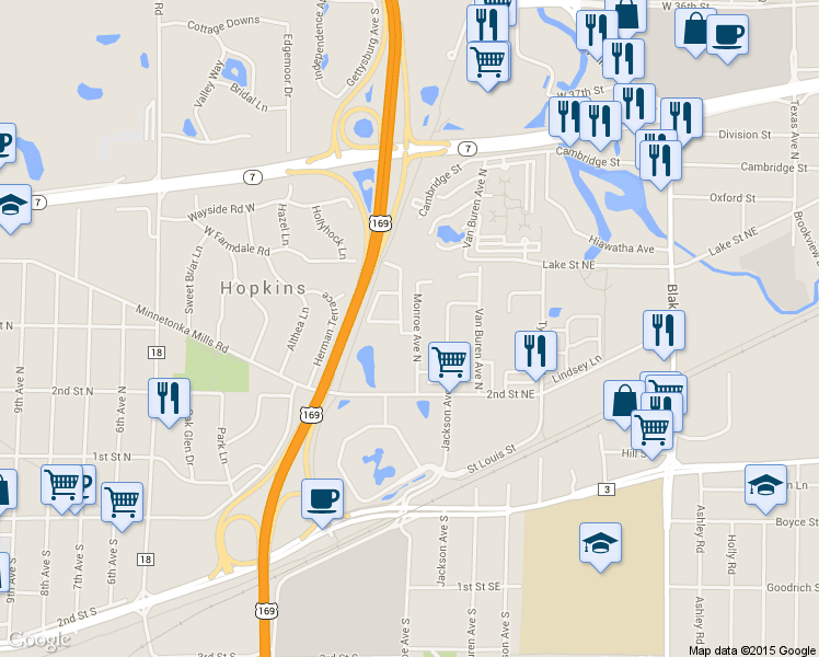 map of restaurants, bars, coffee shops, grocery stores, and more near 301 Madison Avenue North in Hopkins