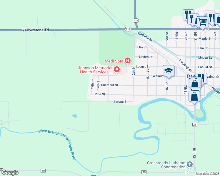 map of restaurants, bars, coffee shops, grocery stores, and more near 760 Memorial Place in Dawson