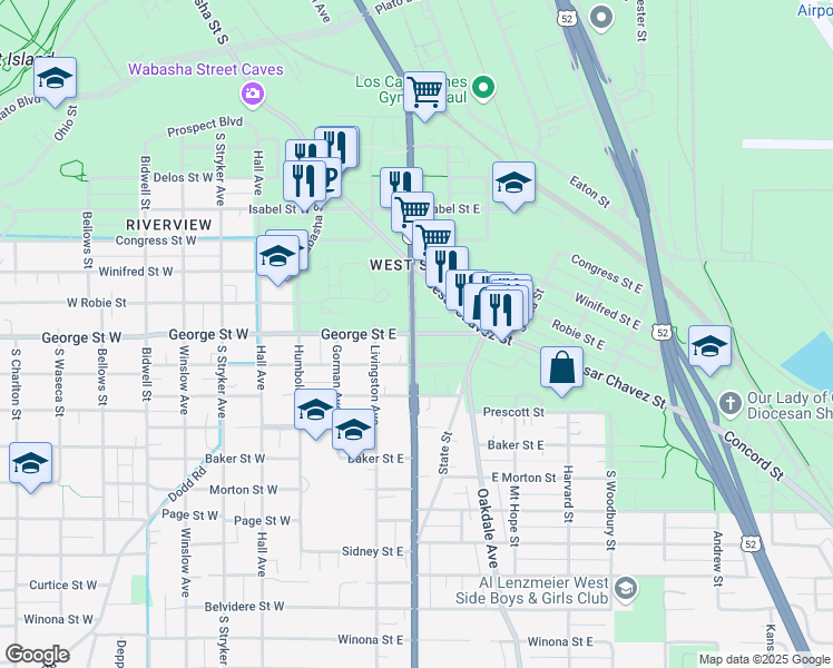 map of restaurants, bars, coffee shops, grocery stores, and more near Robert Street Service Road in Saint Paul