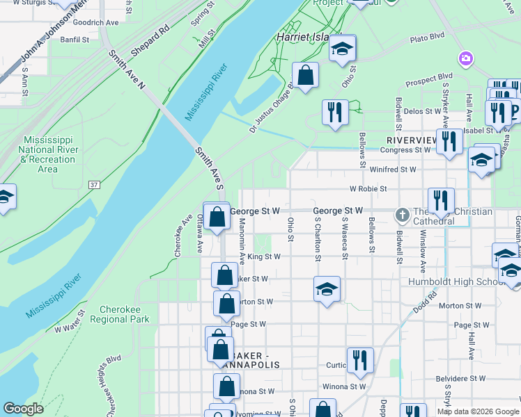 map of restaurants, bars, coffee shops, grocery stores, and more near 312 George Street West in Saint Paul