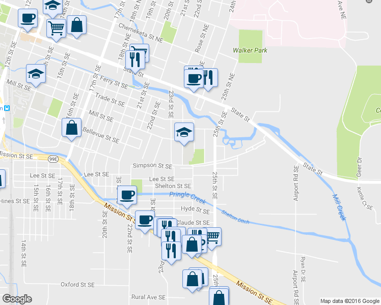 map of restaurants, bars, coffee shops, grocery stores, and more near 466 Richmond Avenue Southeast in Salem