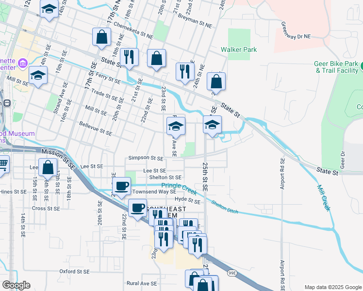 map of restaurants, bars, coffee shops, grocery stores, and more near 517 Richmond Avenue Southeast in Salem