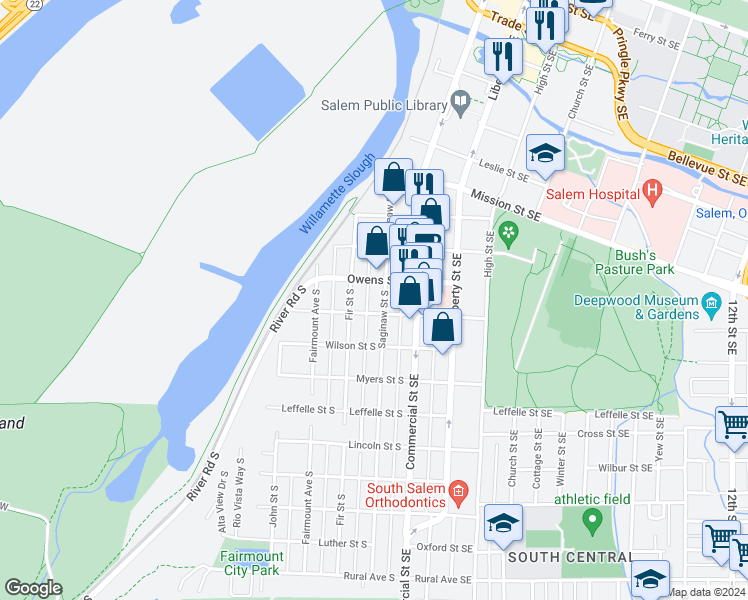 map of restaurants, bars, coffee shops, grocery stores, and more near 251-265 Miller Street South in Salem
