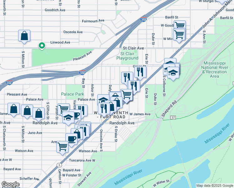 map of restaurants, bars, coffee shops, grocery stores, and more near 397 Toronto Street in Saint Paul