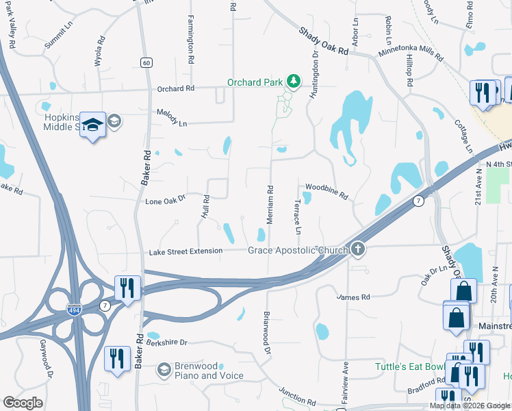 map of restaurants, bars, coffee shops, grocery stores, and more near 4109 Windridge Circle in Hopkins
