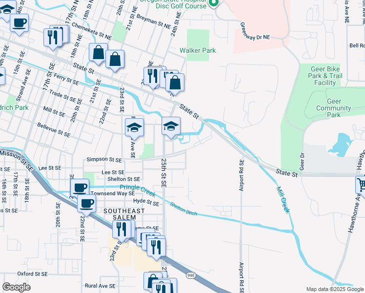 map of restaurants, bars, coffee shops, grocery stores, and more near 2581-2599 Simpson Street Southeast in Salem