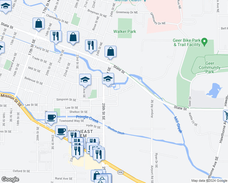 map of restaurants, bars, coffee shops, grocery stores, and more near 2585 Simpson Street Southeast in Salem