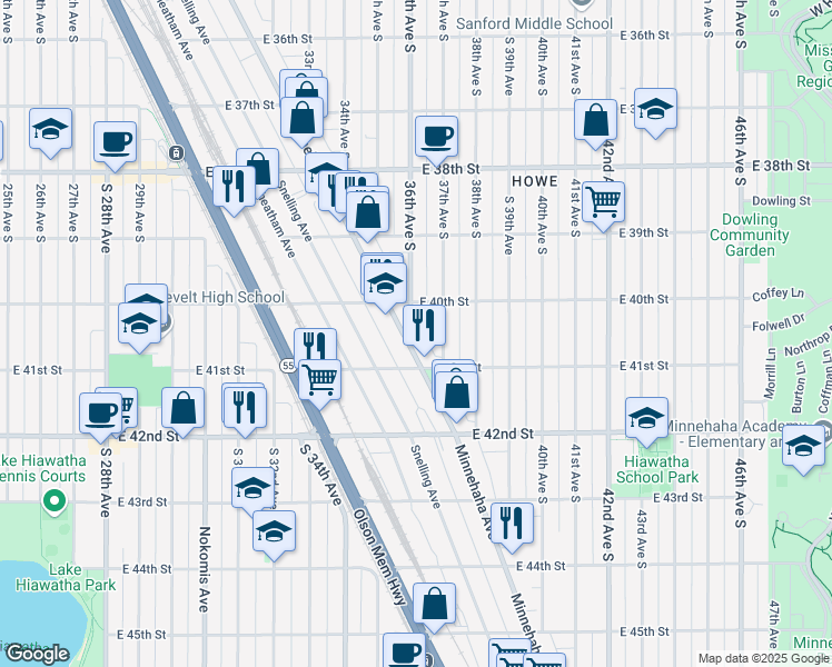 map of restaurants, bars, coffee shops, grocery stores, and more near 4029 Minnehaha Avenue in Minneapolis