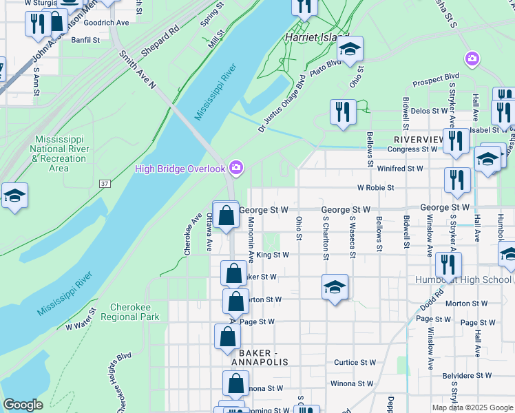 map of restaurants, bars, coffee shops, grocery stores, and more near 349 George Street West in Saint Paul