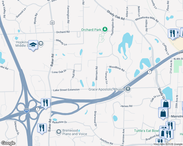 map of restaurants, bars, coffee shops, grocery stores, and more near 4109 Windridge Circle in Hopkins
