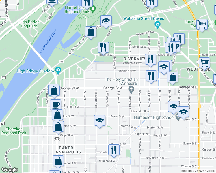 map of restaurants, bars, coffee shops, grocery stores, and more near 207 George Street West in Saint Paul