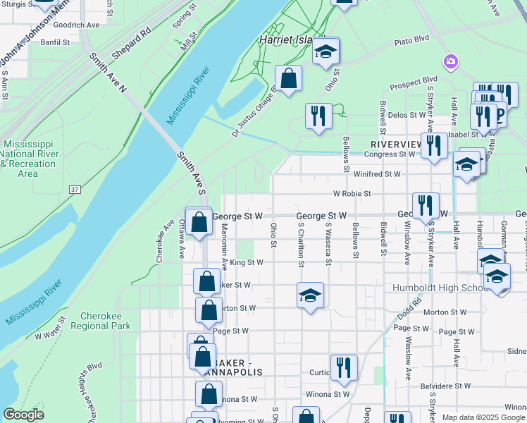 map of restaurants, bars, coffee shops, grocery stores, and more near 312 George Street West in Saint Paul