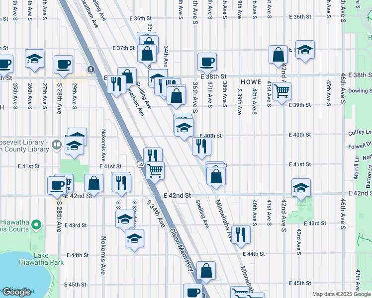 map of restaurants, bars, coffee shops, grocery stores, and more near 4029 Minnehaha Avenue in Minneapolis
