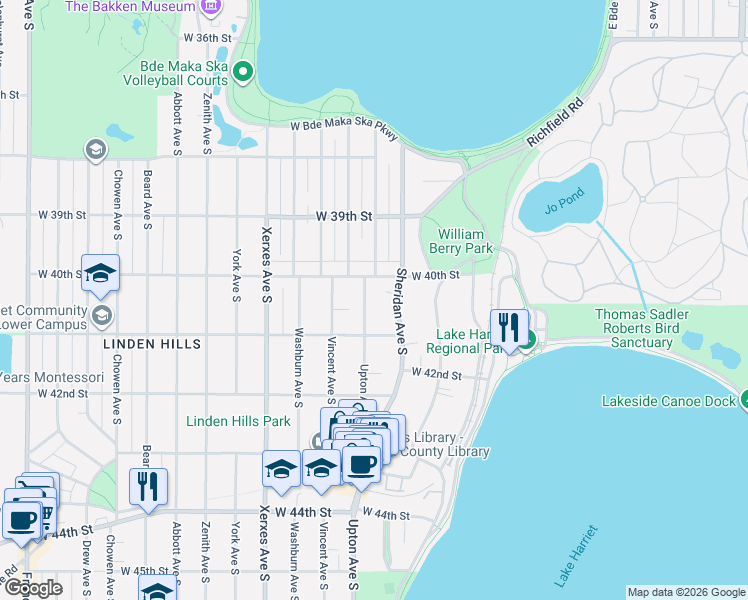 map of restaurants, bars, coffee shops, grocery stores, and more near 4024 Sheridan Avenue South in Minneapolis