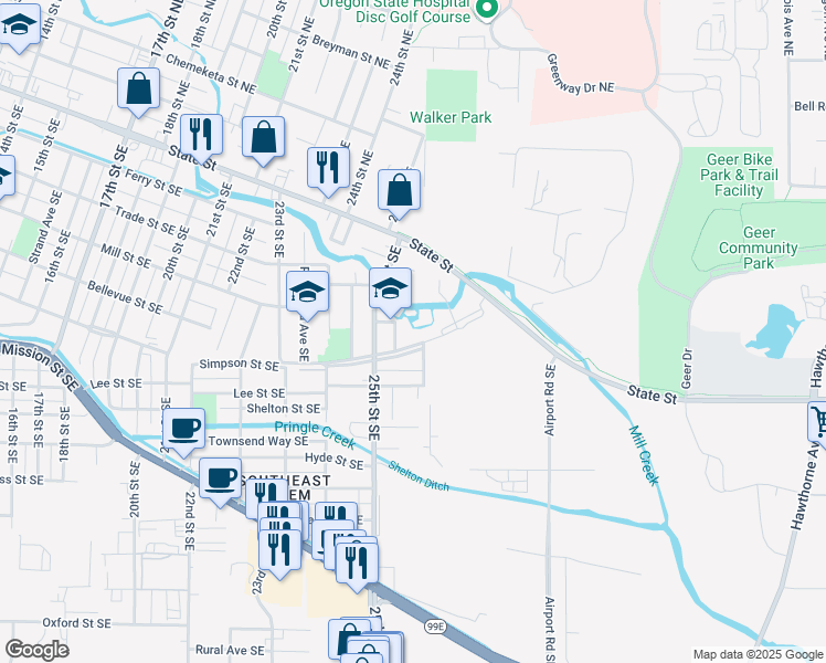 map of restaurants, bars, coffee shops, grocery stores, and more near 2581-2599 Simpson Street Southeast in Salem