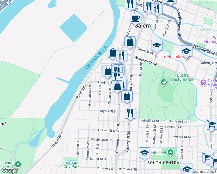 map of restaurants, bars, coffee shops, grocery stores, and more near 251-265 Miller Street South in Salem
