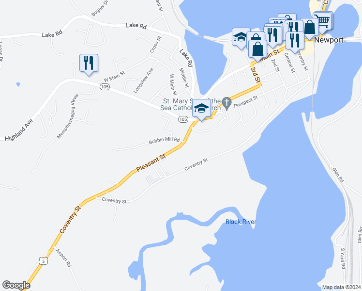 map of restaurants, bars, coffee shops, grocery stores, and more near 447 Pleasant Street in Newport