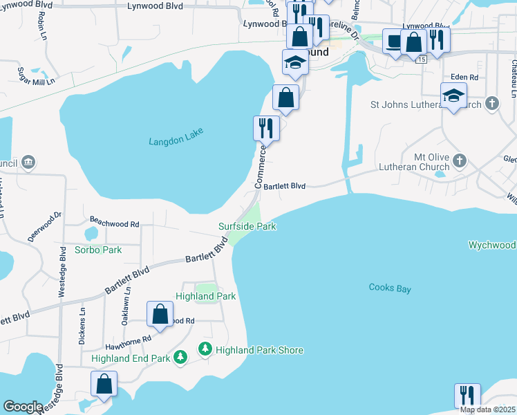 map of restaurants, bars, coffee shops, grocery stores, and more near 2670 Commerce Boulevard in Mound
