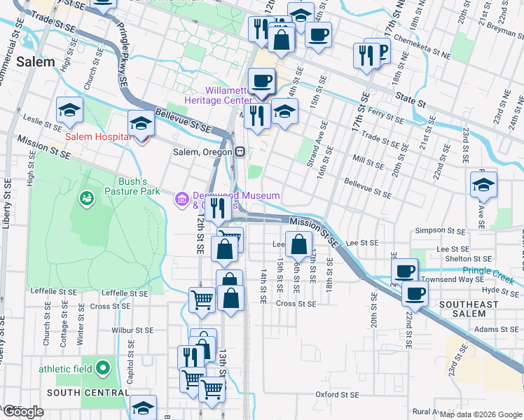 map of restaurants, bars, coffee shops, grocery stores, and more near 1394 Leslie Street Southeast in Salem