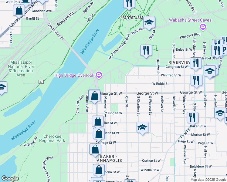 map of restaurants, bars, coffee shops, grocery stores, and more near 337 George Street West in Saint Paul