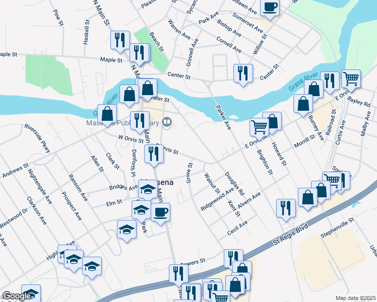 map of restaurants, bars, coffee shops, grocery stores, and more near 68 East Orvis Street in Massena