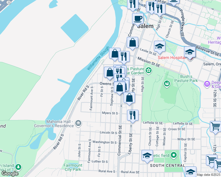 map of restaurants, bars, coffee shops, grocery stores, and more near 251-265 Miller Street South in Salem