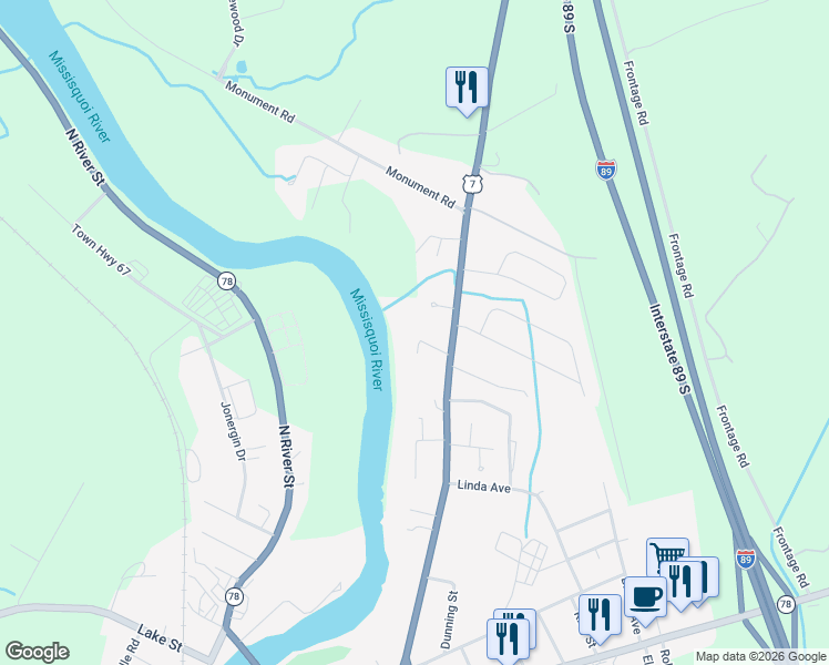 map of restaurants, bars, coffee shops, grocery stores, and more near 6 John Drive in Swanton