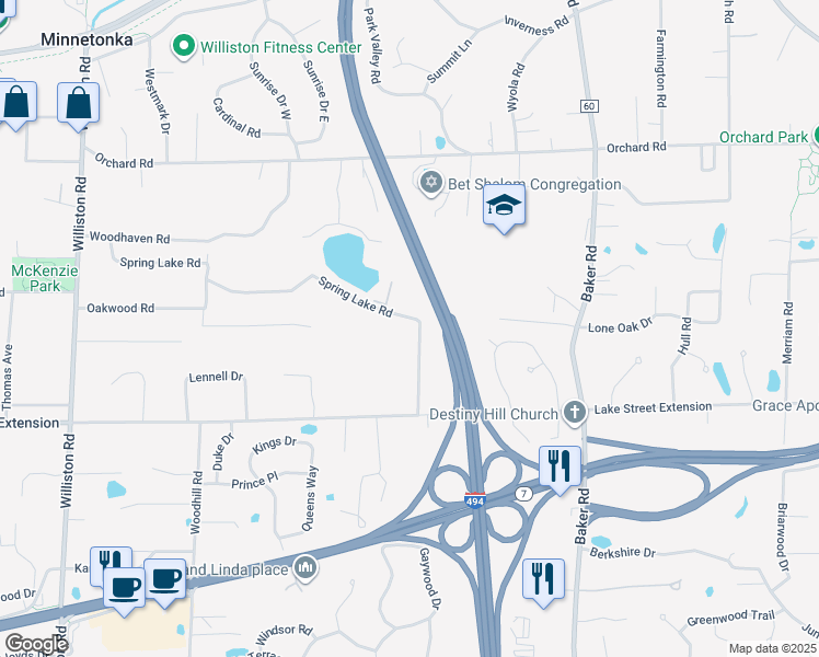 map of restaurants, bars, coffee shops, grocery stores, and more near 13635 Spring Lake Road in Minnetonka