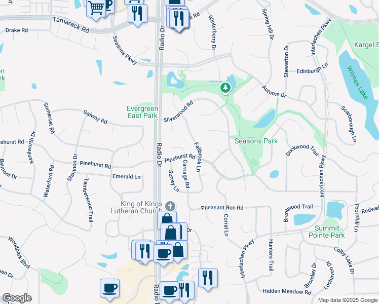 map of restaurants, bars, coffee shops, grocery stores, and more near 1342 Fallbrook Lane in Woodbury