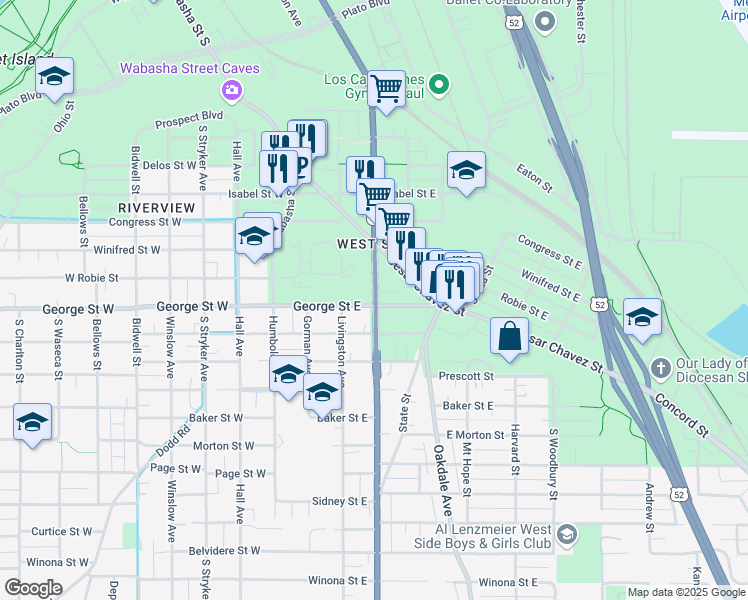 map of restaurants, bars, coffee shops, grocery stores, and more near Robert Street Service Road in Saint Paul