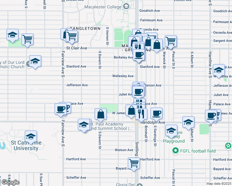 map of restaurants, bars, coffee shops, grocery stores, and more near 396 South Macalester Street in Saint Paul