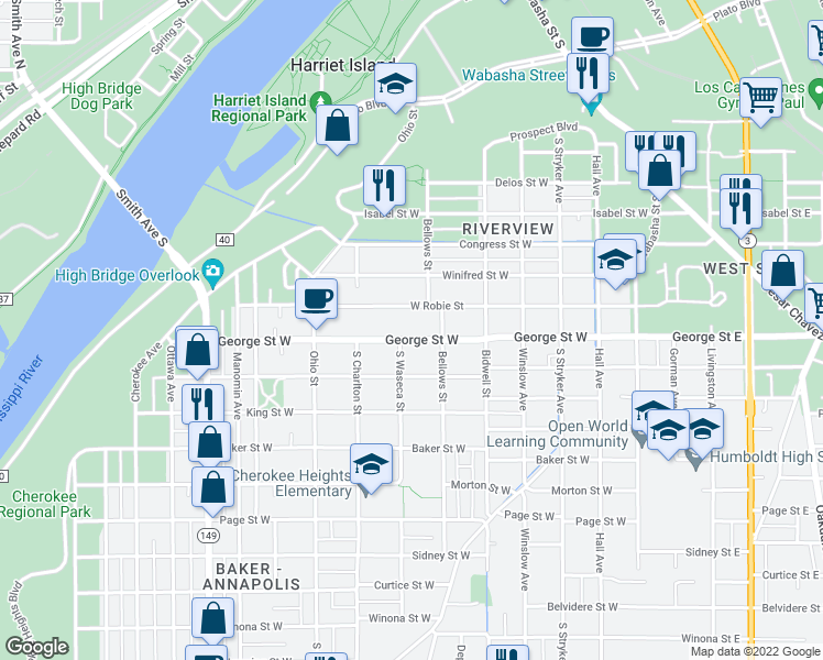 map of restaurants, bars, coffee shops, grocery stores, and more near 207 George Street West in Saint Paul
