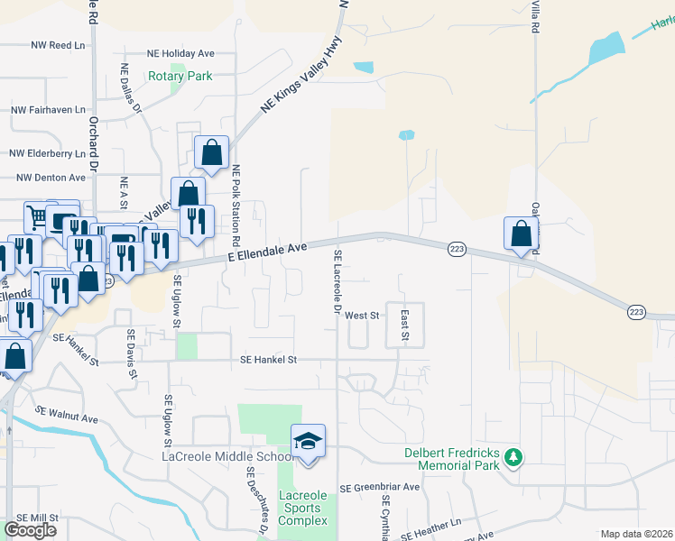 map of restaurants, bars, coffee shops, grocery stores, and more near 199 Southeast Lacreole Drive in Dallas