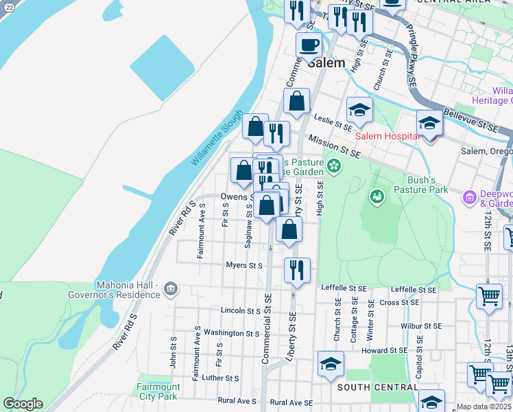 map of restaurants, bars, coffee shops, grocery stores, and more near 155 Miller Street South in Salem